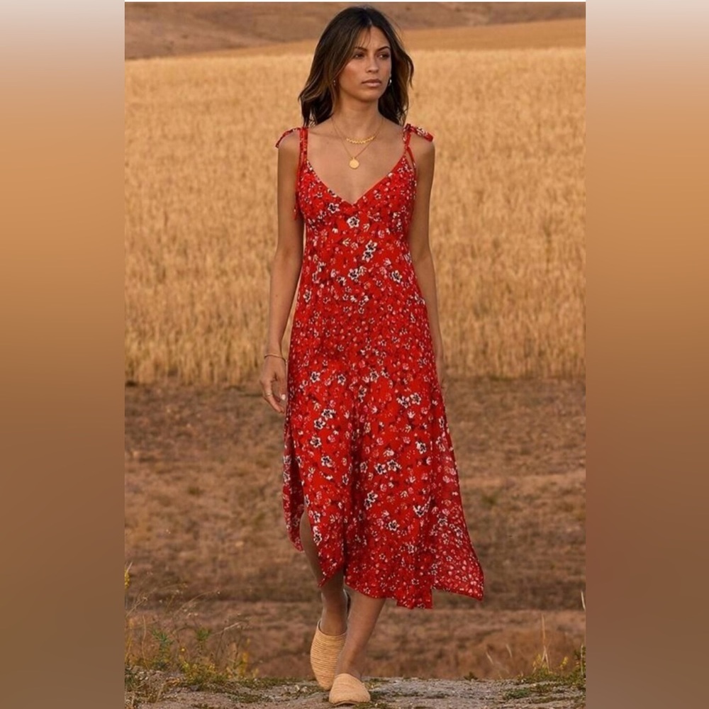 Kivari Red Floral Midi Dress
